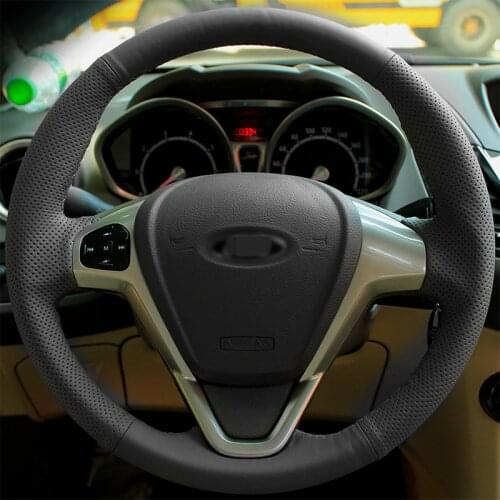 BANNIS Black Genuine Leather Hand-stitched Car Steering Wheel Cover for Ford Fiesta 2008-2013