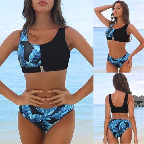 Bandeau Bikinis 2021 Woman New Plant Print Bikini Womens Swimwear Zipper Split Swimsuit Sexy Bathing Suit Beach Two-piece Suits