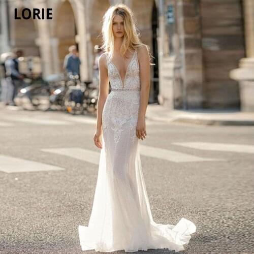 Booma 2020 Summer Wedding Dresses Deep V Neck Sheath Mermaid Bridal Gowns Appliques Lace Floor Length Illusion Robe de mariee