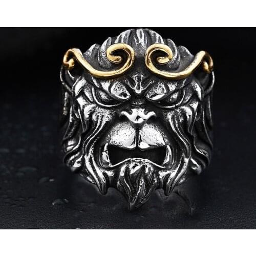 FDLK Mens Fashion Zinc Alloy Steampunk Gothic Journey To The West The Monkey King Vintage Ring Mens Punk Rock Ring