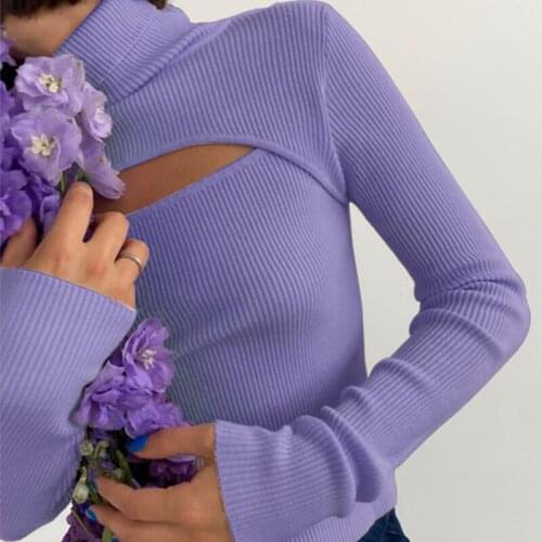 Purple Knitted Turtleneck Hollow Out Casual Long Sleeve T-shirt Skinny Autumn Slim 2021 Fashion Women Hot Tees Lady Clothing