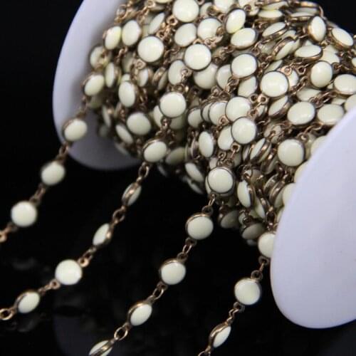 Howlite Color Lampwork 6mm Flat Round Beaded Copper Rosary Chains,Light Yellow Enamel Glass Coin Beads Chain Necklace Crafts