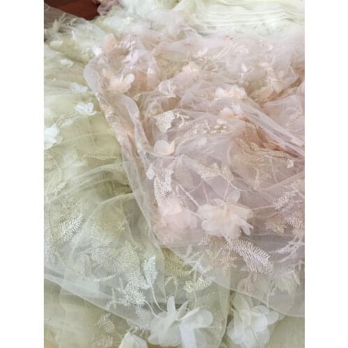 0.5M*1.4M Exquisite Chiffon Meat Powder/Champagne Stereo Flower Screen Yarn Embroidery Lace Fabric Dress and Doll Cloth