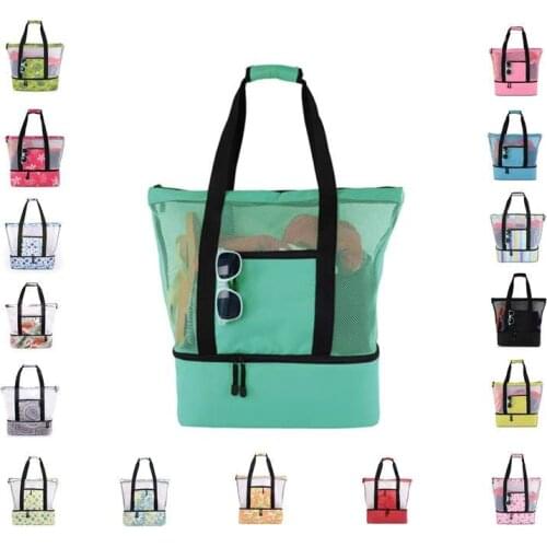 Summer Waterproof Beach Mesh Tote Handbag With Thermal Built-in Cooler Bag Side Pocket Large Durable Travel Outdoor Party Pack