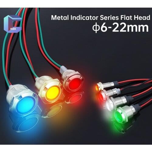Metal Indicator 6/8/10/12/16/19/22mm Flat Head Nickel-Plated Brass Warning Signal Lamp with Wire 3V 12-24V 110-220V