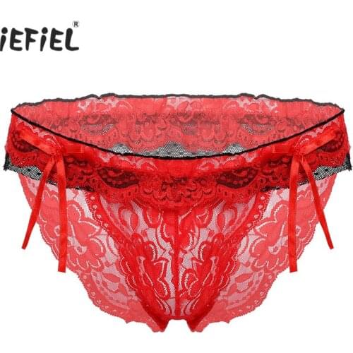 Men Lace Floral Panties See-through Lace Low Waist Briefs Bowknot Ruffles Underpants Sissy Gay Underwear Lingerie Honeymoon Gift