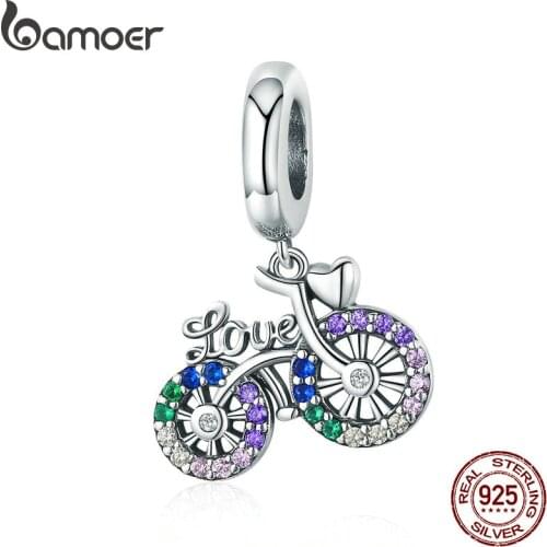 BAMOER 925 Sterling Silver Crystal Bike Bicycle Shape Pendant Charms fit Original Bracelets & Necklaces DIY Jewelry Gift SCC1082