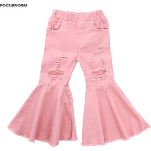 FOCUSNORM 2-7Y Baby Girls Flare Pants Hole Design Elastic Waist With Pocket Child Spring and Summer Clothing