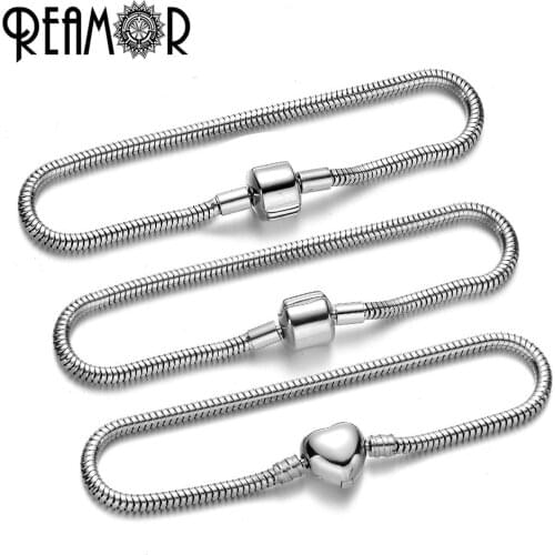 REAMOR 17/18/19/20/21cm 316l Stainless Steel Snake Chain Heart Clasp Metal Bangle Fit DIY Fashion Bracelet Women Jewelry Making