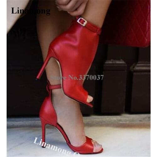 Linamong Fashion Style Peep Toe Cut-out Stiletto Heel Gladiator Sandals Red Black Leather Ankle Strap High Heels Party Shoes