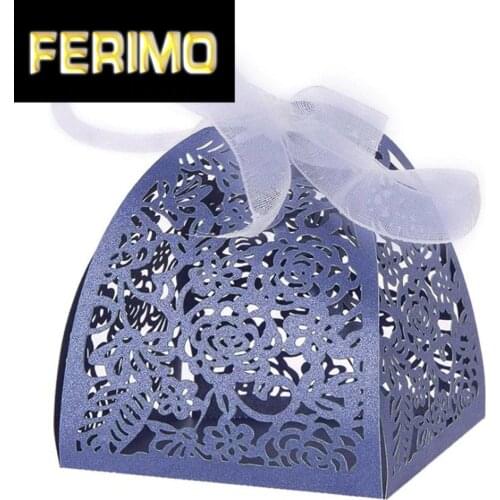 Blue Silver Laser Cut Hollow Candy Box Wedding Party Favors Gift Bags With Ribbon Chocolate Box