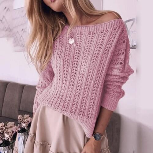 Sexy Hollow Off Shoulder Knitted Sweater Women Casual Loose Oversized Pullover Sweater Autumn Fashion Elegant Long Sleeve Top