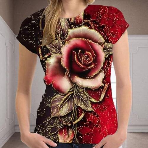 Casual Short Sleeve O-Neck Loose Oversized Tops New T Shirt Flower Women Rose Fashion Size 3D Large U6C0