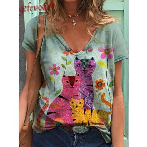 Cute Funny Cartoon Printed V-Neck Short Sleeve Tops Women 2021 Summer Clothing Fashion Oversized Streetwear Casual T Shirt Femme