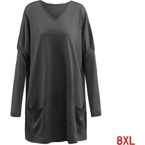 Large size womens T-shirt large size big 5XL 6XL 7XL 8XL bust 139 spring and autumn V-neck long-sleeved loose black pocket top