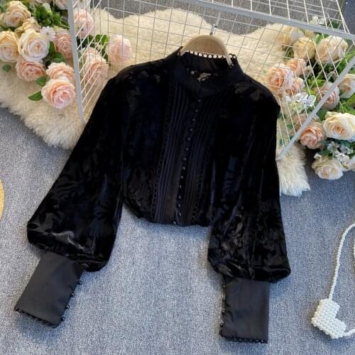 2020 Spring Autumn New Ladies Shirt Beaded Retro Lantern Sleeve Loose and Versatile Temperament Bottoming Shirt UK812