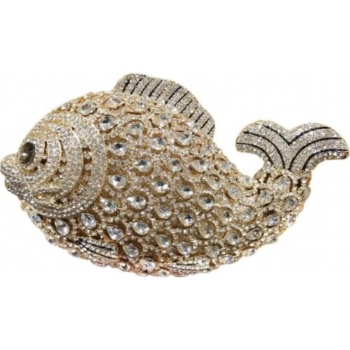 Bee In Fly Gold Crystal Diamond Women Fish Evening Clutch Bag Bridal Mini Metal Handbag and Purse Wedding Clutches Womens Bag