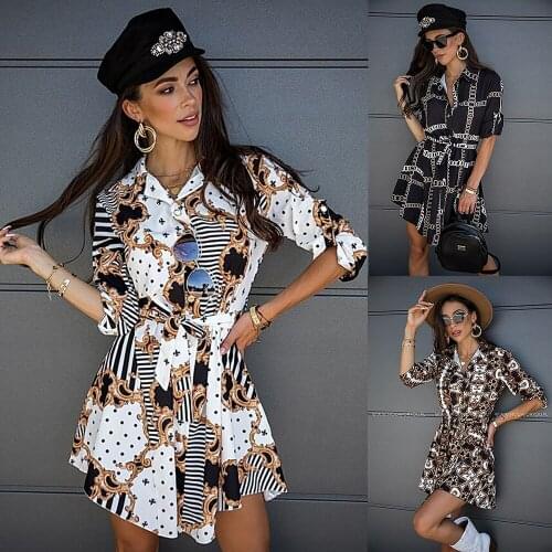 2020 Women Blouses New Print Ladies Dress Sexy Nightclub Lace Short Dress 3/4 Long Sleeve Shirt Dress T