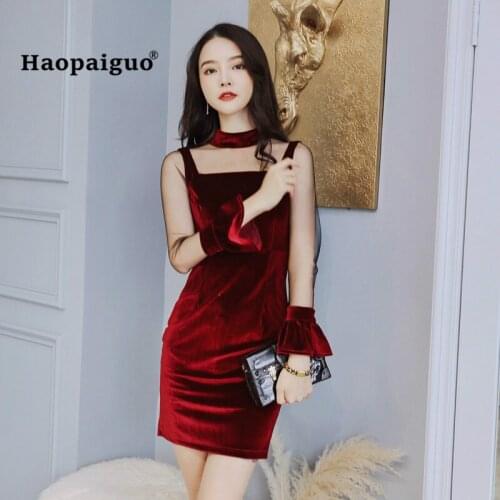 Women Solid Pencil Dress 2018 Autumn Red Full Flare Sleeve Stand Vintage Velvet Party Mini Dress Goth Sexy Club Wrap Dresses