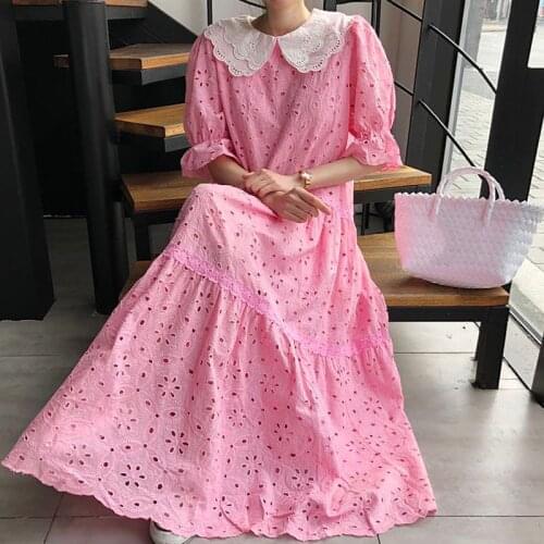 Korean Chic Western Style Double-Layer Hollow Lace Doll Collar Stitching Loose Flared Sleeve Dress Long Skirt Female
