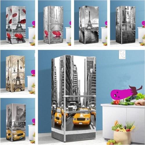3D Tower Car Fridge Wallpaper Kitchen Refrigerator Cover Decals Waterproof Peel & Stick Vinyl Furniture Wall Sticker Home Decor