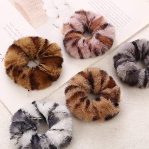 AIKELINA Leopard Striped Winter Warm Faux Rabbit Fur Girls Women Elastic Hair Rope Bands Hair Accessories Rubber Band Headwear