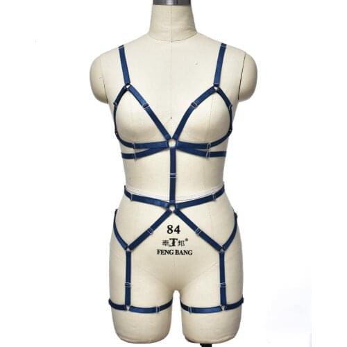 Women Underwear Harness Set Bodysuit Pole Dance Adjustable Body Harness Cage Bra Hollow Bandage Stockings Goth Garter Belt