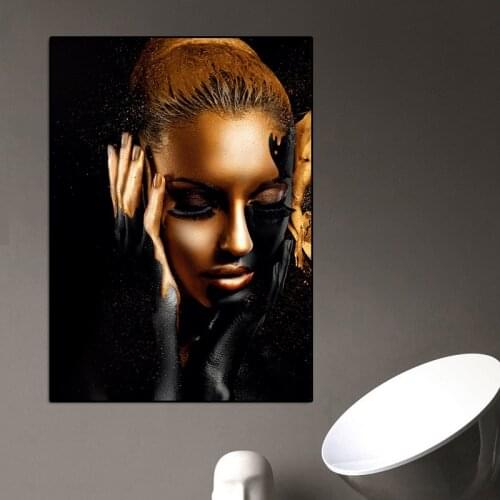 Canvas Painting African Art Black and Gold Woman Oil Painting and Prints Scandinavian Wall Art Picture for Living Room Frameless