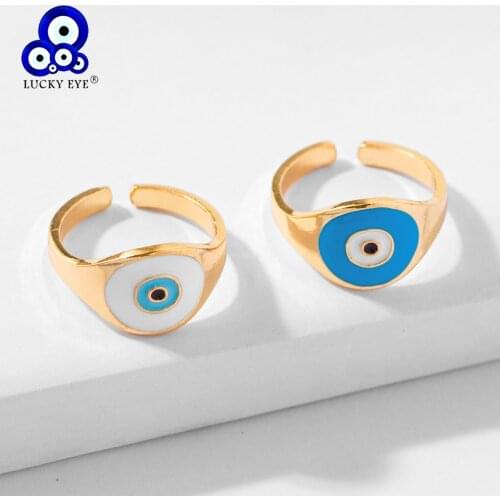 Lucky Eye White Blue Turkish Evil Eye Open Ring Alloy Gold Color Finger Ring Adjustable for Women Girls Fashion Jewelry LE656