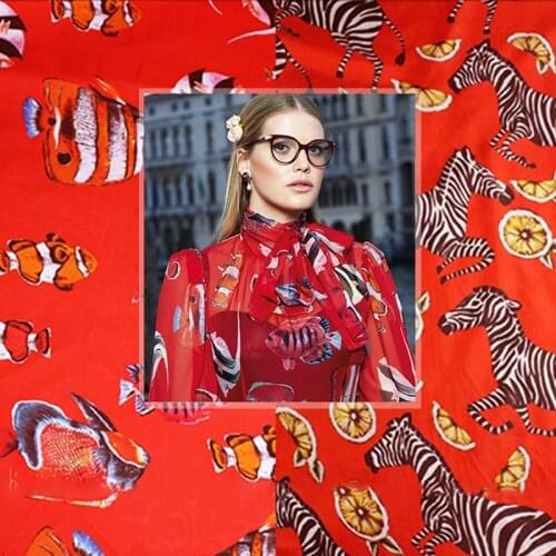 Red Raspberry 6 momme Zebra clownfish digital printing silk chiffon fabric summer silk jumpsuit women clothing fabric Freeshing