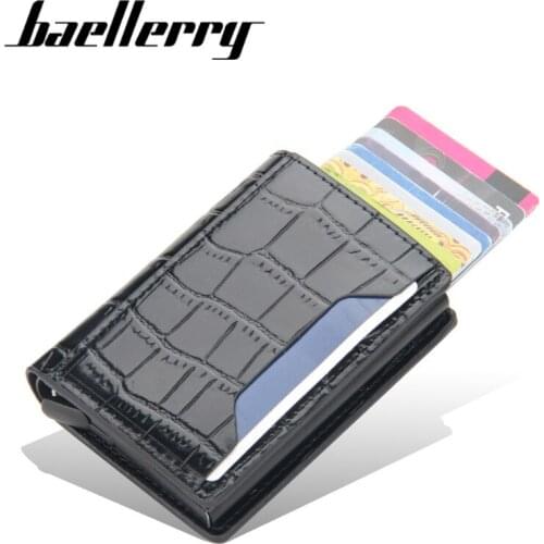 Baellerry Plaid Men Money Bags Auto-Bounce Card Holder Metal Aluminum Box Wallet Male Trendy Leather Card Clips tarjetero hombre