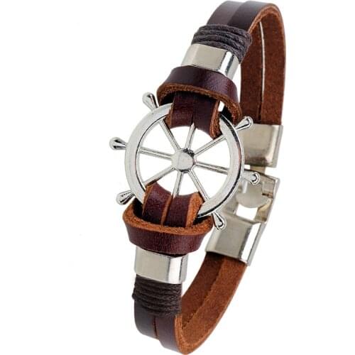 Handmade Retro Rudder Anchor-Shape Leather Bracelets Vintage Braided Steering Wheel Bracelet Male Accessories Men Jewelry
