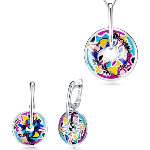 Jewelry Sets DIY Gift 925 Sterling Silver Fashion Like Abstract Flower Pattern Colourful Enamel Fine Earring Party Necklace