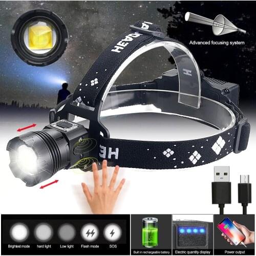 Super Bright XHP99 6 Modes LED Sensor Zoomable Headlamp USB Charging Waterproof Camping Headlight Fishing Light Phone Charger