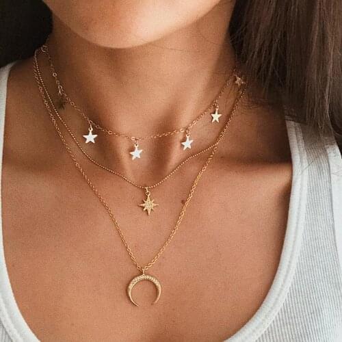 Fashion Jewelry Necklace Pentagram Geometry Moon Pendant Clavicle Chain Multilayer Necklace Gothic Women Necklaces Wholesale