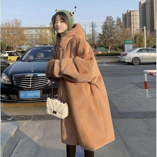 2020 New Women Winter Solid Hooded Faux Fur Coat Ladies Fake Fur Jackets Female Fashion Soft Plush Thick Loose Long Overcoat