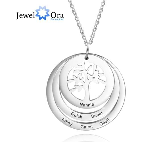 JewelOra Personalized 6 Names Engraving Tree of Life Pendant Necklace Customized Stainless Steel Round Pendants for Women Gifts