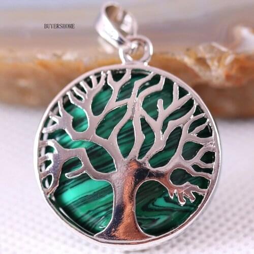 Silver Color Tree of life Round Necklace Pendant 25MM Natural Stone Green Malachite 1Pcs K411