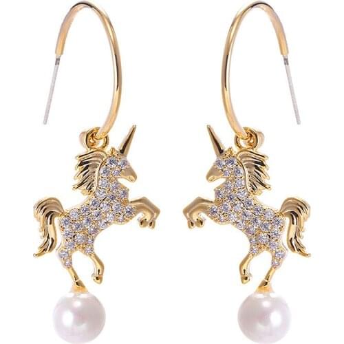 Unicorn Copper Zircon Shell Pearl Drop Earring Gold Color Fashion Women Jewelry