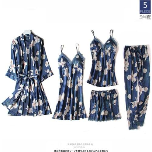 Spring Summer Sleep Suit Women Lace Satin Floral Print Pajamas Set V-Neck Cami Nighties Wear Pijama Home Nightwear