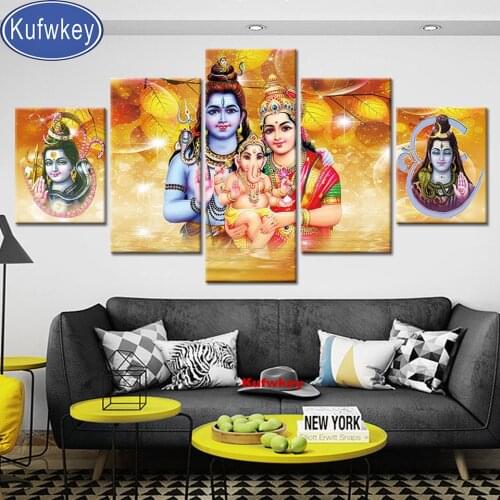 Shiva Indian Art 5d diy diamond painting Cross Stitch full square round drill rhinestone embroidery Mosaic 5 Panel Hindu God