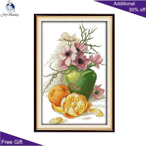 Joy Sunday Hibiscus Vase And Oranges J407 Counted Stamped Flowers Fruit Needlework Embroidery DIY Home Decor Cross Stitch kits