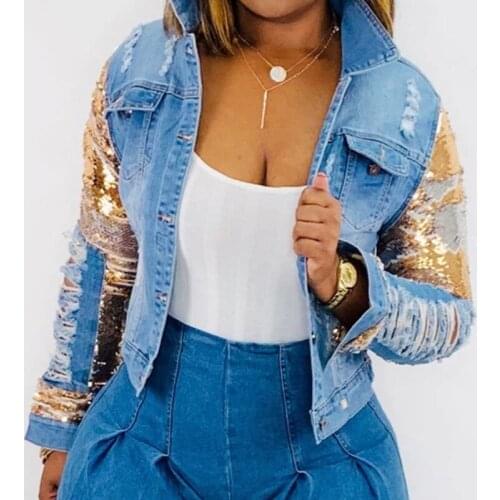 2021 Fashion Women Patchwork Denim Jackets Spring Sequin Coats Casual Female Button Up Jacket Outwear Streetwear Hole Overcoat