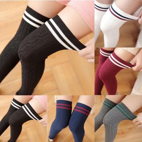 Women Stockings Autumn Winter Knitwear Cotton Over The Knee Long Striped Print Thigh High 7 Colors Basic Warm Underwear