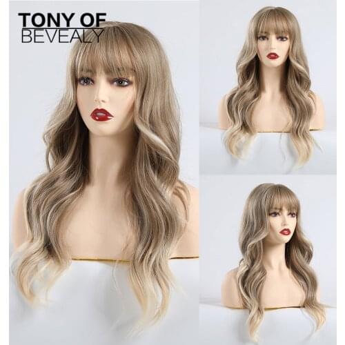 Women Long Wavy Ombre Blonde Hair Wigs With Fluffy Air Bangs Highlights Heat Resistant Synthetic Wigs Natural Wave Wigs