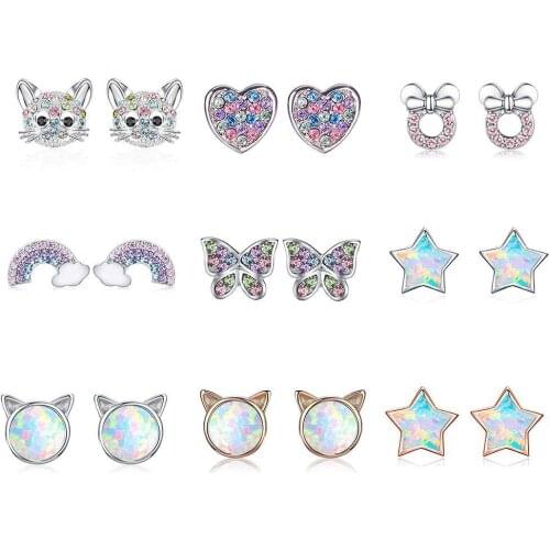 New Fashion Cat Butterfly Rainbow Star Stud Earrings For Women Girls Colorful Zirconia Ear Stud Jewelry Children Accessories