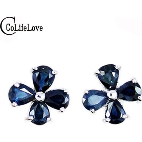 Natural Sapphire Earrings for Women Solid 925 Silver Sterling Earrings Fasionable Simple Sapphire Gemstone Earring