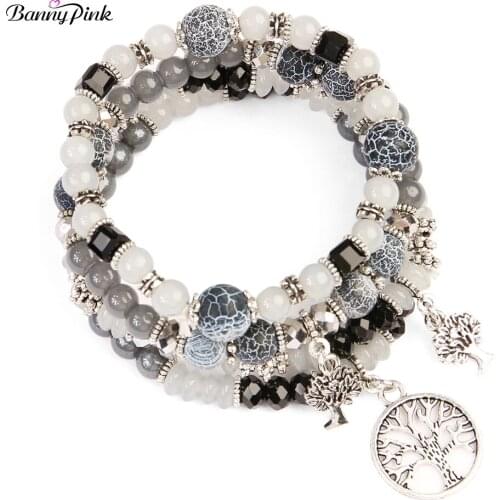 Banny Pink Chunky Alloy Wisdom Tree Pendants Bracelets For Women Bohemia Beads Strand Bracelet Fashion Jewelry Pulseras Bijoux