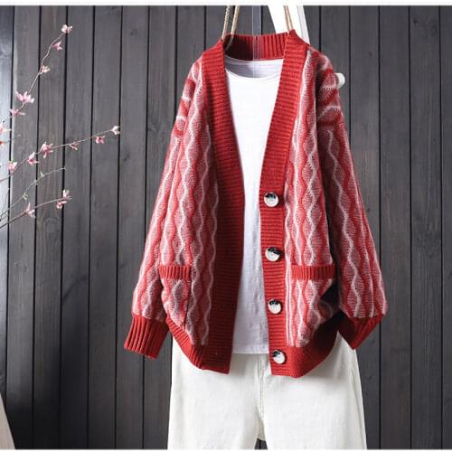 2021 autumn and winter fashion new loose casual long-sleeved v-neck knitted cardigan women striped jacquard buttoned sweater