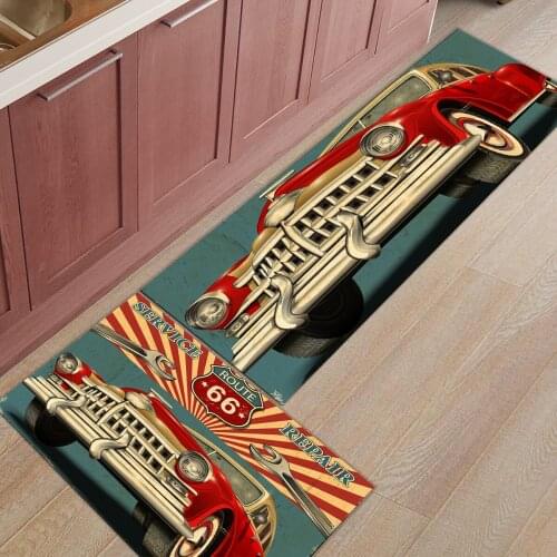 2Pcs/Set Classic Poster Retro Car Route 66 Kitchen Accessories Door Mat Tapete Doormats Carpet Room Pad Floor Mats Home Rugs